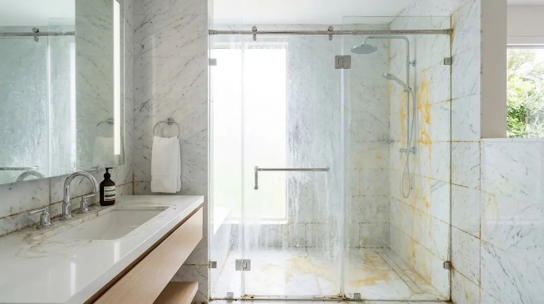Banyo temizliği öncesi kireçli cam ve sararmış derzler